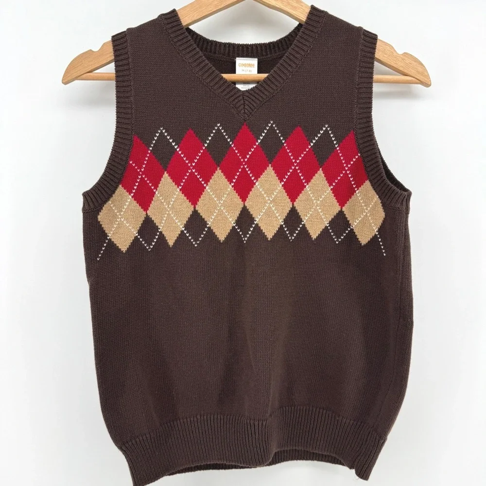 Gymboree Sweater Vest Boys Medium 7-8 Brown‎ Argyle V-Neck Cotton Preppy Knit
